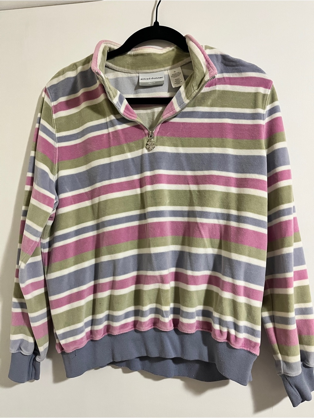 VTG 90s Alfred Dunner Pastel Rainbow Striped Velour Quarter Zip L